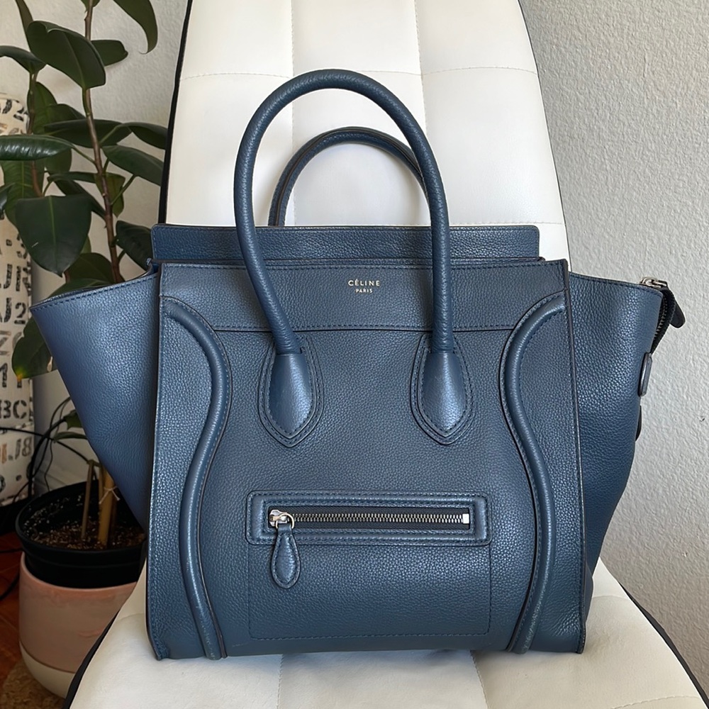 Authentic Celine navy blue mini luggage tote bag